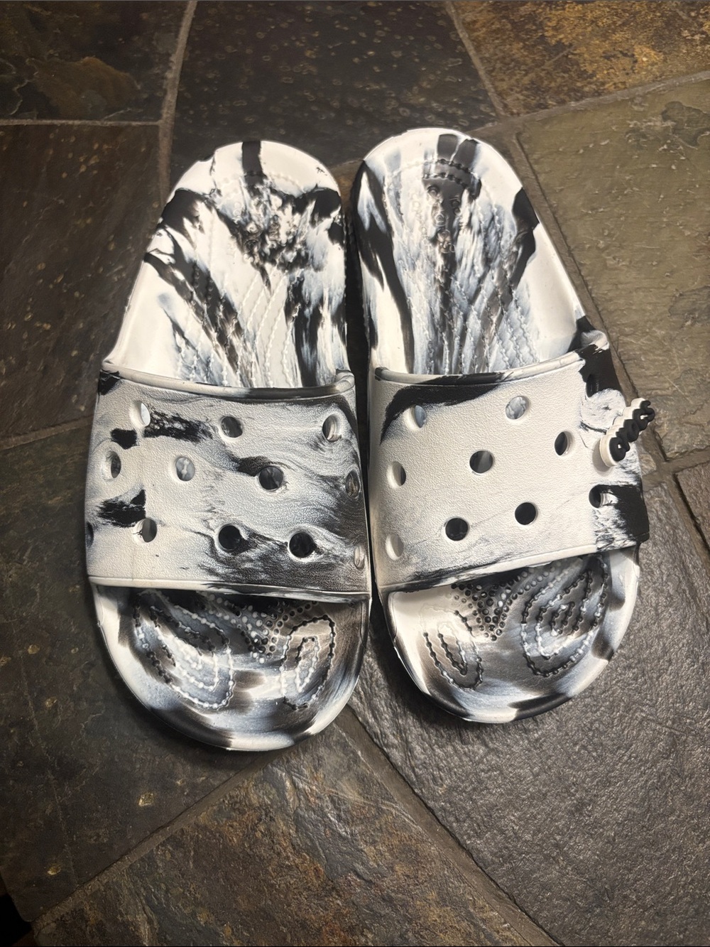 CROCS Kids Black & White Marble Slide Sandals
